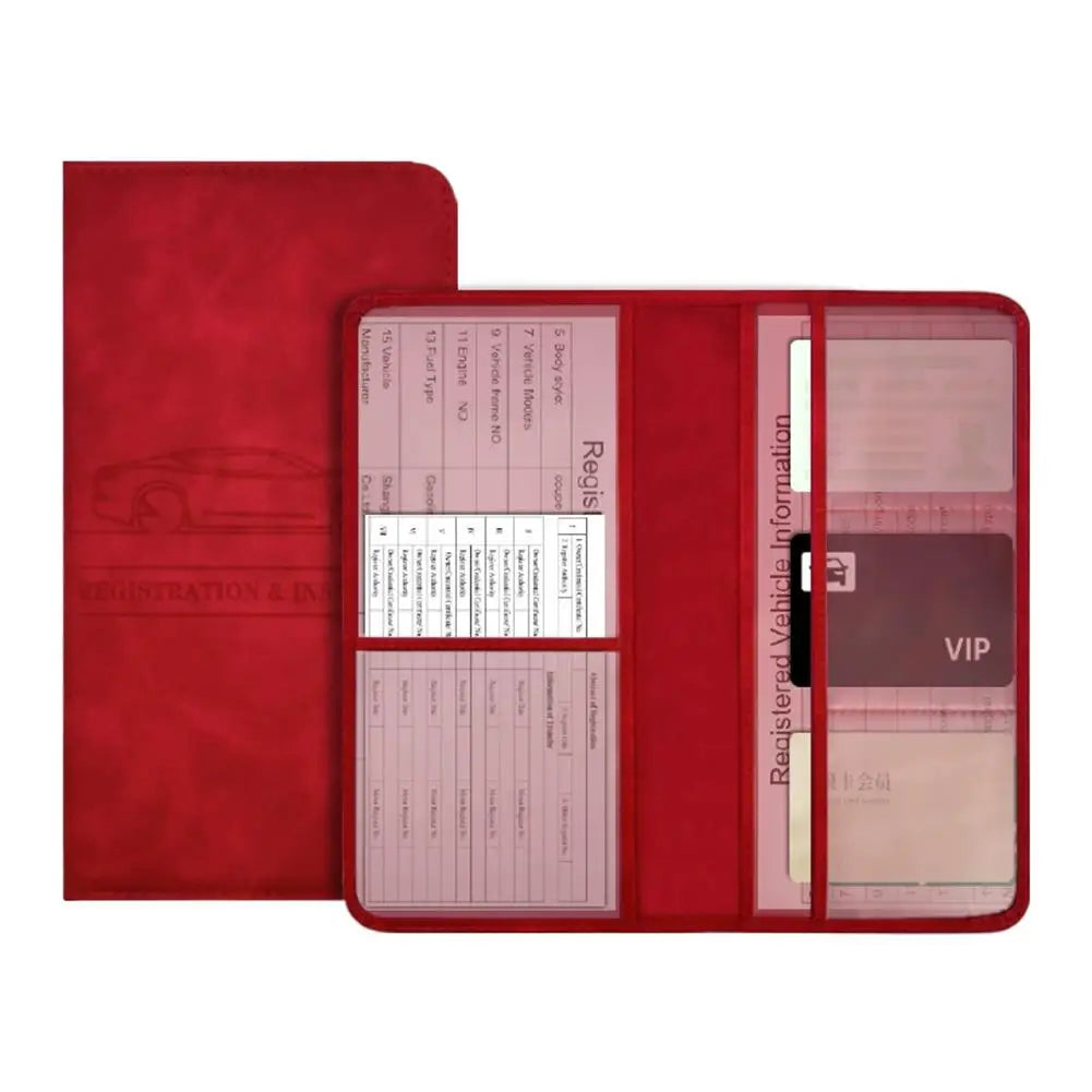 A red PU leather car document organizer with clear pockets and a VIP section.