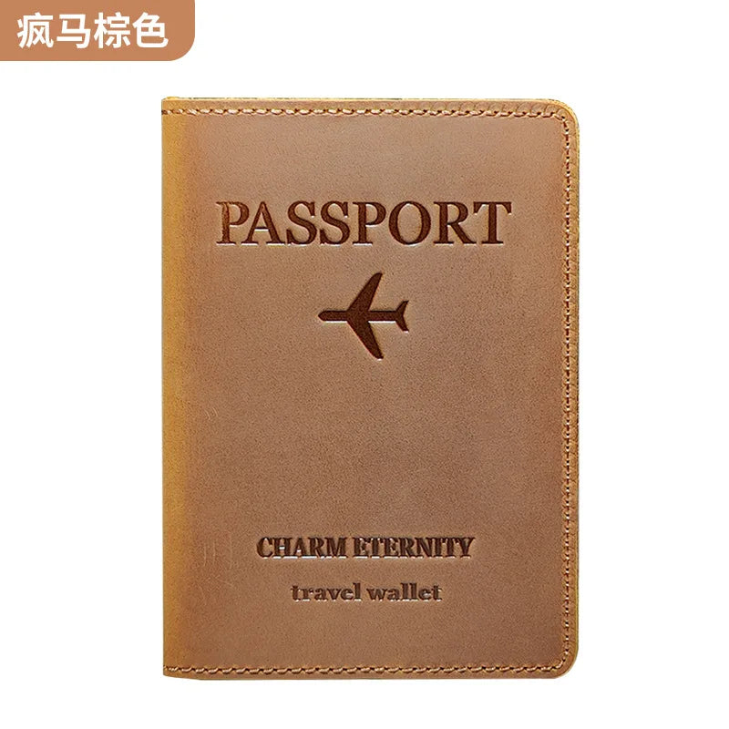 A brown genuine leather passport holder with embossed text and a silhouette of an airplane.