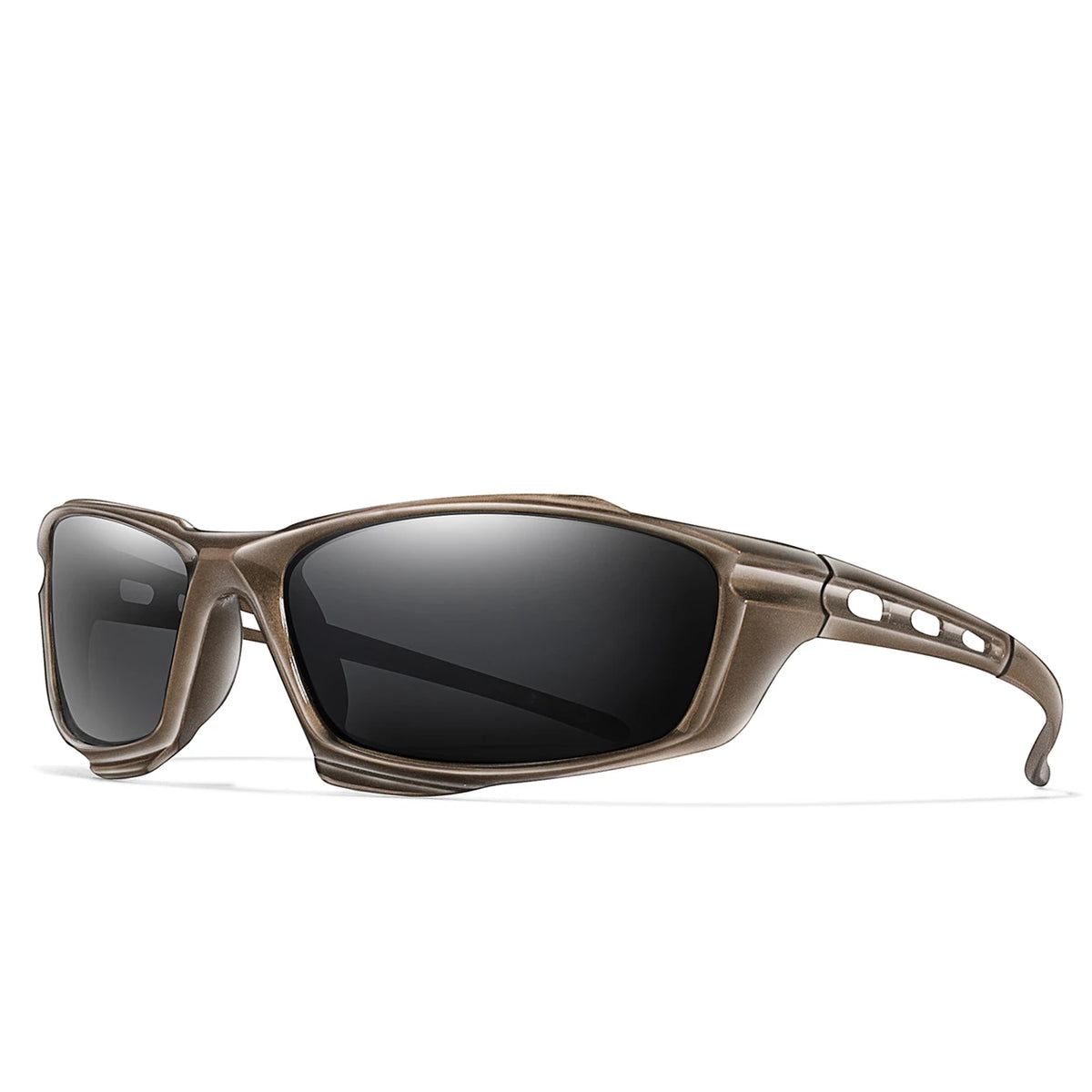 Gafas deportivas marrones polarizadas con acabado mate, mostradas en perfil.