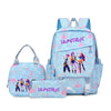 A pink and blue multi-compartment casual backpack featuring characters on the front.