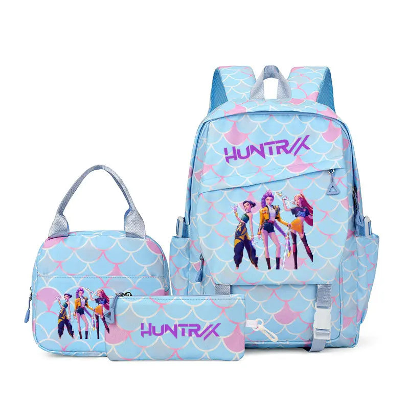 A pink and blue multi-compartment casual backpack featuring characters on the front.