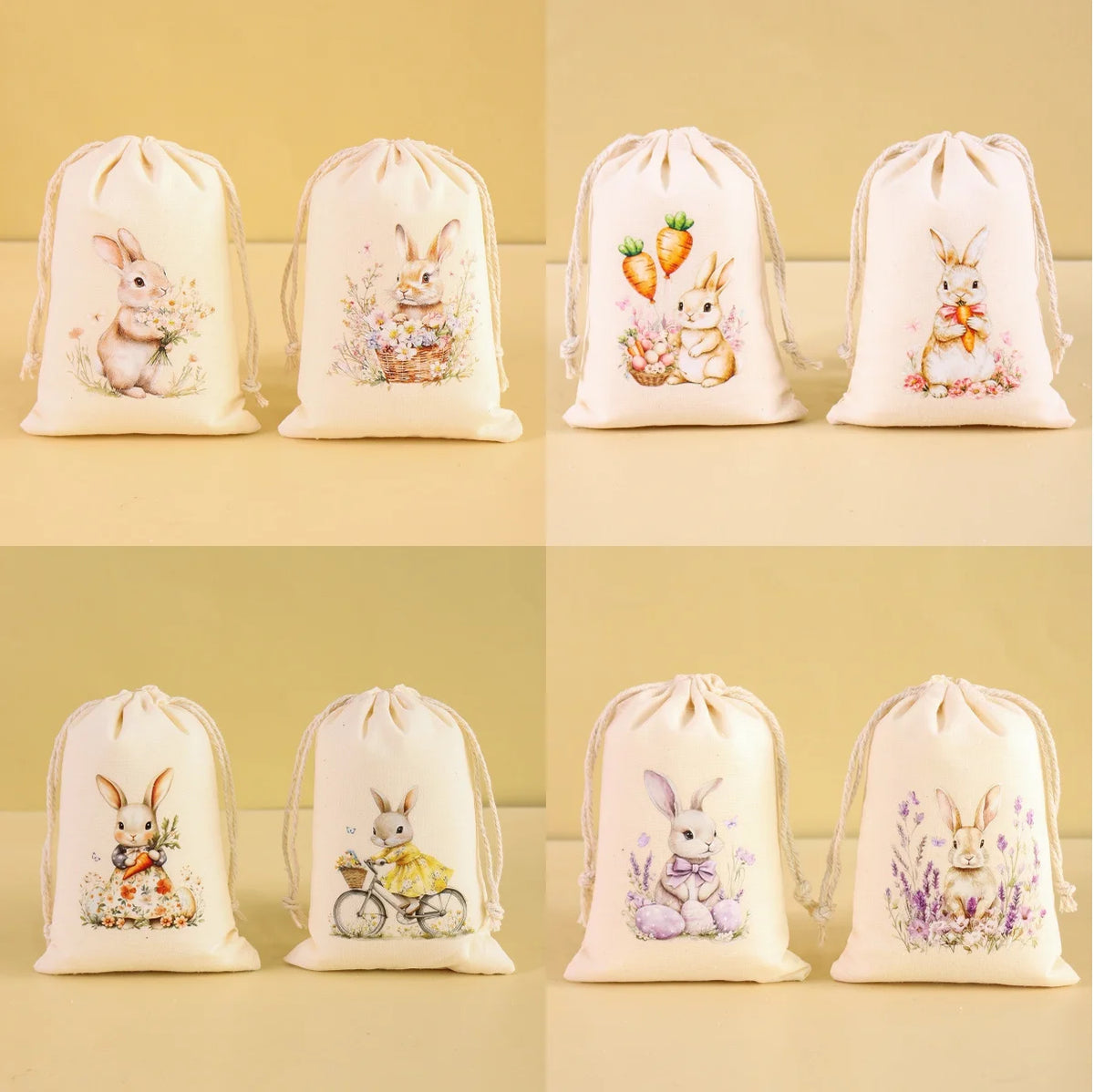 A set of six light pink drawstring gift bags featuring various Easter bunny and floral patterns.