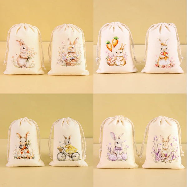 A set of six light pink drawstring gift bags featuring various Easter bunny and floral patterns.
