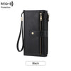 Cartera de cuero negra para mujer con bloqueo RFID, cremallera y cordón adjunto.
