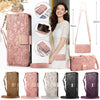A collection of pink, beige, and black zippered leather crossbody phone wallet cases for iPhone.