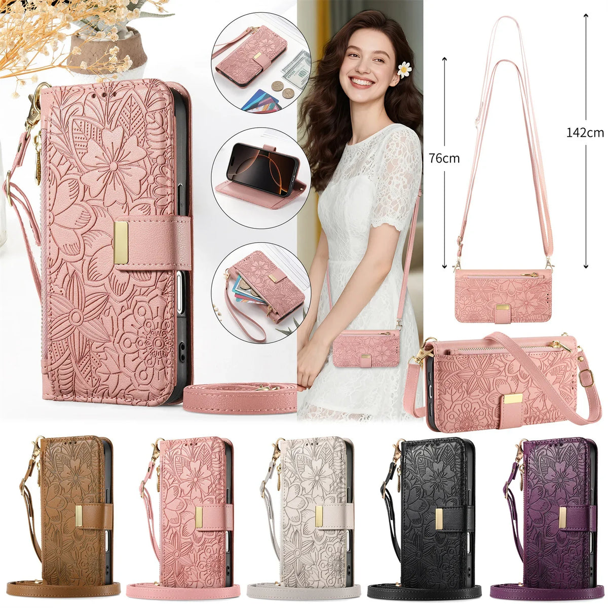 A collection of pink, beige, and black zippered leather crossbody phone wallet cases for iPhone.