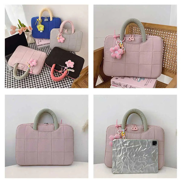 Various pink and purple quilted laptop sleeves and handbags displayed in different colors and styles.