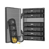 A black weekly pill organizer with seven compartments labeled SAT, FRI, WED, TUE, MON, SUN, and SUN.