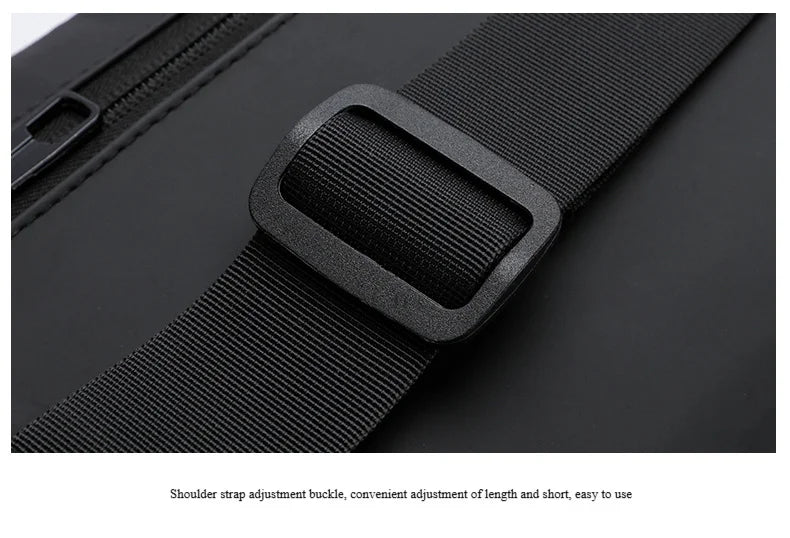Close-up of a black anti-theft crossbody strap adjustment buckle on a bag.