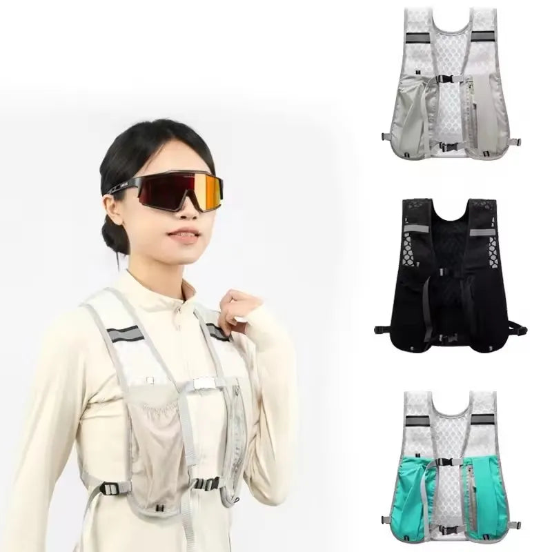 A woman is wearing a beige long-sleeved shirt and a running hydration vest backpack with a clear visor.