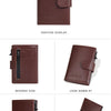A brown leather card holder with a positive display, reverse side view, look down at angle, 45 degree display, and bottom dis