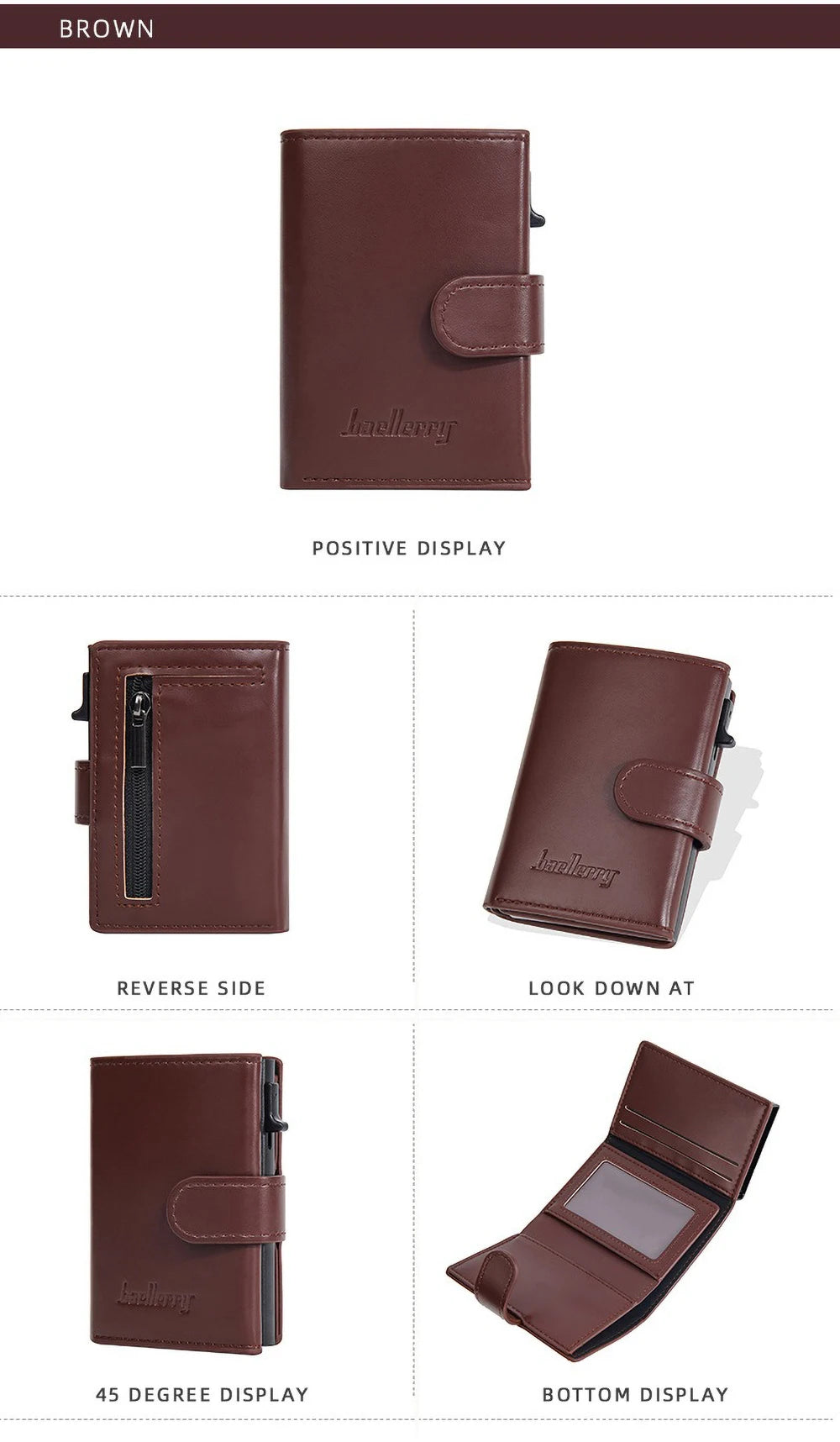 A brown leather card holder with a positive display, reverse side view, look down at angle, 45 degree display, and bottom dis