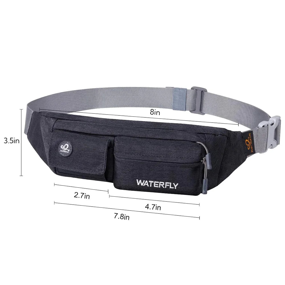 A black slim multi-pocket waist bag with gray strap and various dimension measurements.