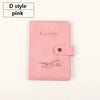 A pink D style passport cover made of premium PU leather featuring a silhouette of an airplane.