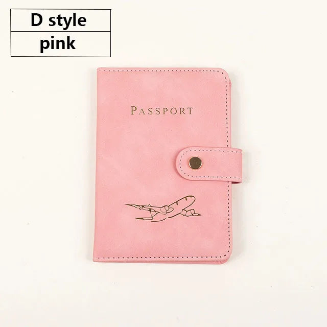 A pink D style passport cover made of premium PU leather featuring a silhouette of an airplane.
