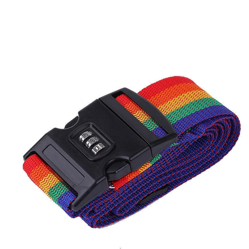 Black adjustable luggage cross strap with a combination lock featuring a multicolored striped fabric.