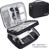 A black portable digital organizer storage pouch with an open lid showing various electronic accessories and a separate zippe