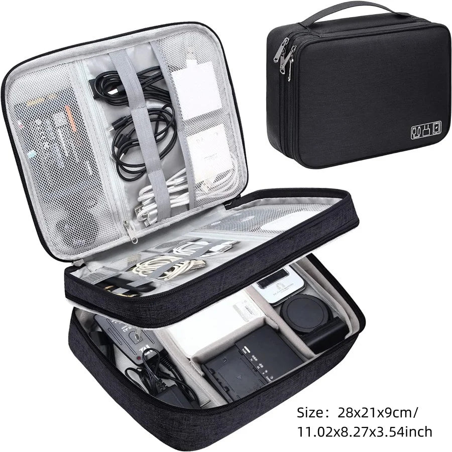 A black portable digital organizer storage pouch with an open lid showing various electronic accessories and a separate zippe