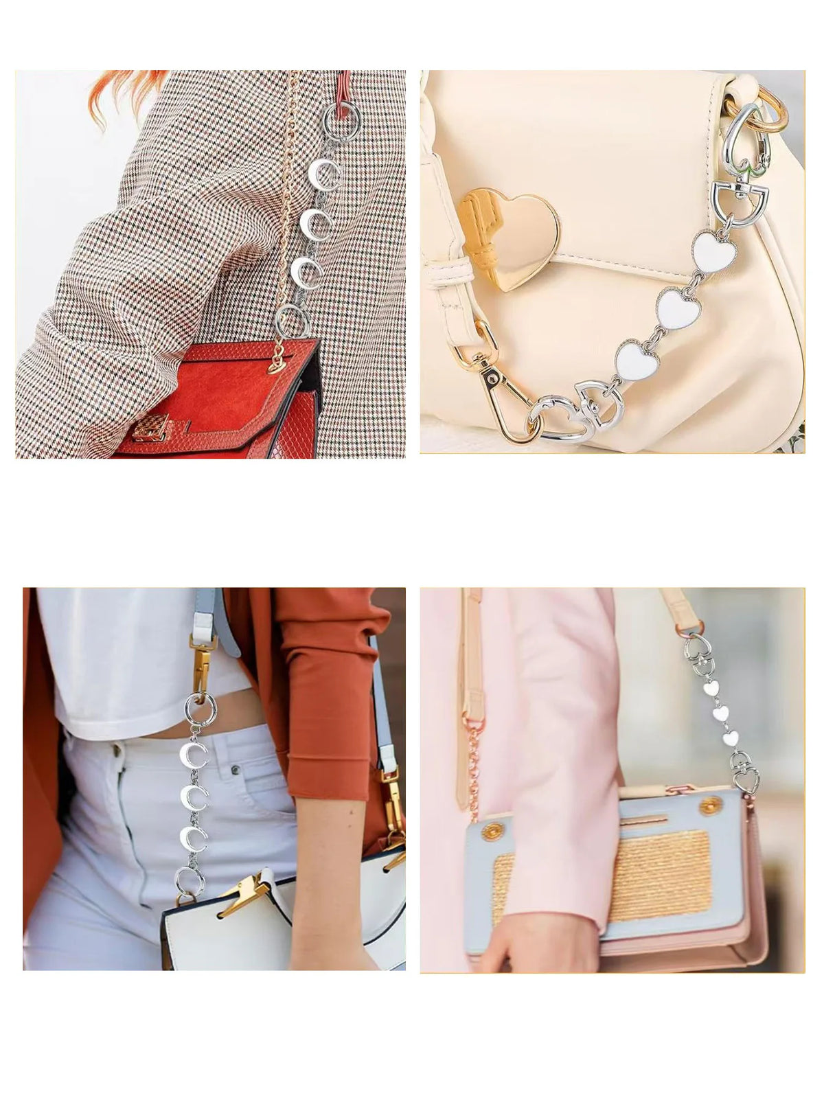 Un ensemble d'extenseurs de chaîne de sac à main beige clair avec des charms argentés et dorés.