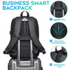 Schwarzer Business-Rucksack mit Gepäckriemen, schwitzabweisendem Material und breitem Schultergurt.