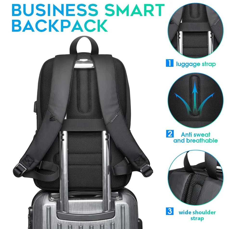 Schwarzer Business-Rucksack mit Gepäckriemen, schwitzabweisendem Material und breitem Schultergurt.