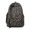 A dark gray leopard print canvas backpack shown from the front.