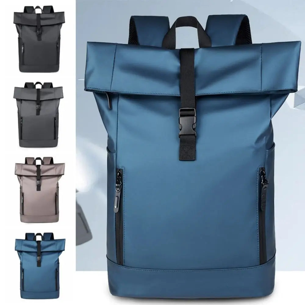 A blue waterproof business laptop backpack shown with multiple storage compartments and adjustable straps.