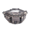 A tactical waist pack made of durable nylon with a camouflage pattern worn on a belt.