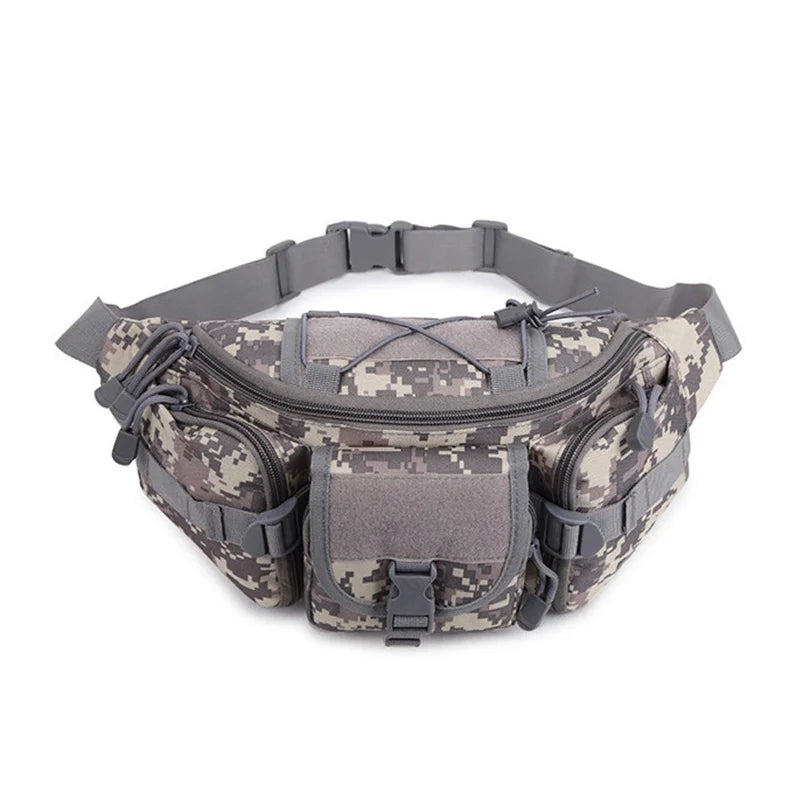 A tactical waist pack made of durable nylon with a camouflage pattern worn on a belt.