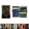 A set of vintage metal card holders featuring various colored and patterned cards.