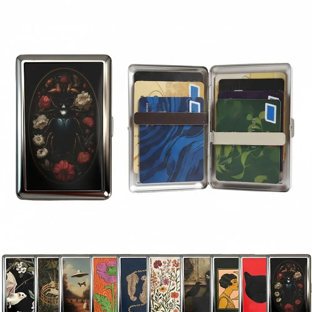 A set of vintage metal card holders featuring various colored and patterned cards.