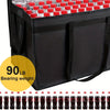 Black insulated food bag filled with numerous red and white bottles for transporting hot or cold items