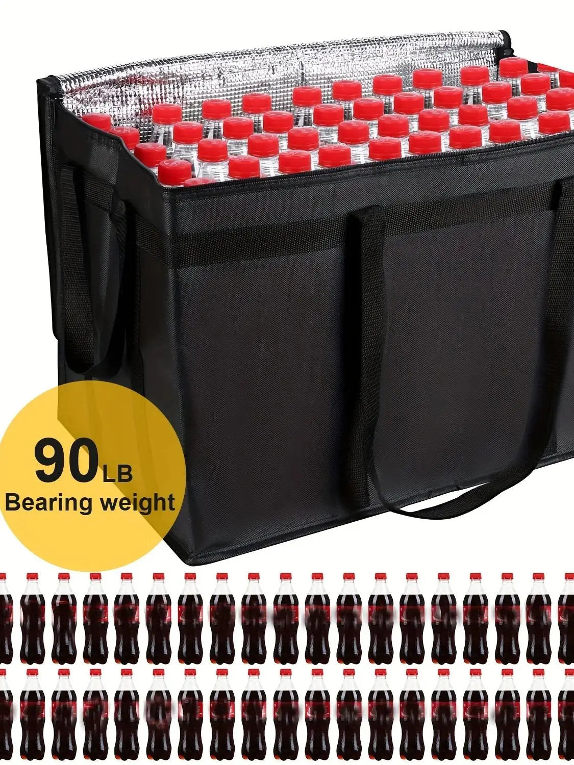 Black insulated food bag filled with numerous red and white bottles for transporting hot or cold items