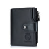 Black genuine leather men's business wallet with a zippered closure and embossed lion design