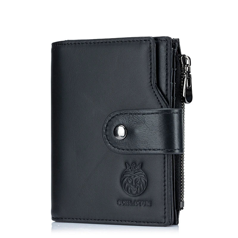 Black genuine leather men's business wallet with a zippered closure and embossed lion design