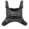 A black tactical chest bag with camouflage pattern and reflective strips.