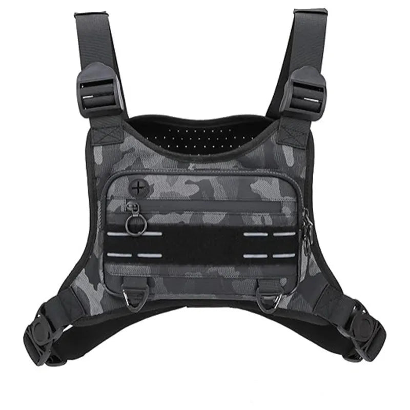 A black tactical chest bag with camouflage pattern and reflective strips.