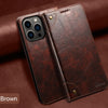 A brown magnetic leather flip case with a camera module is shown resting on a dark brown leather surface.