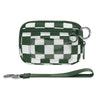 A dark green checkered wallet with a clear window and silver hardware.