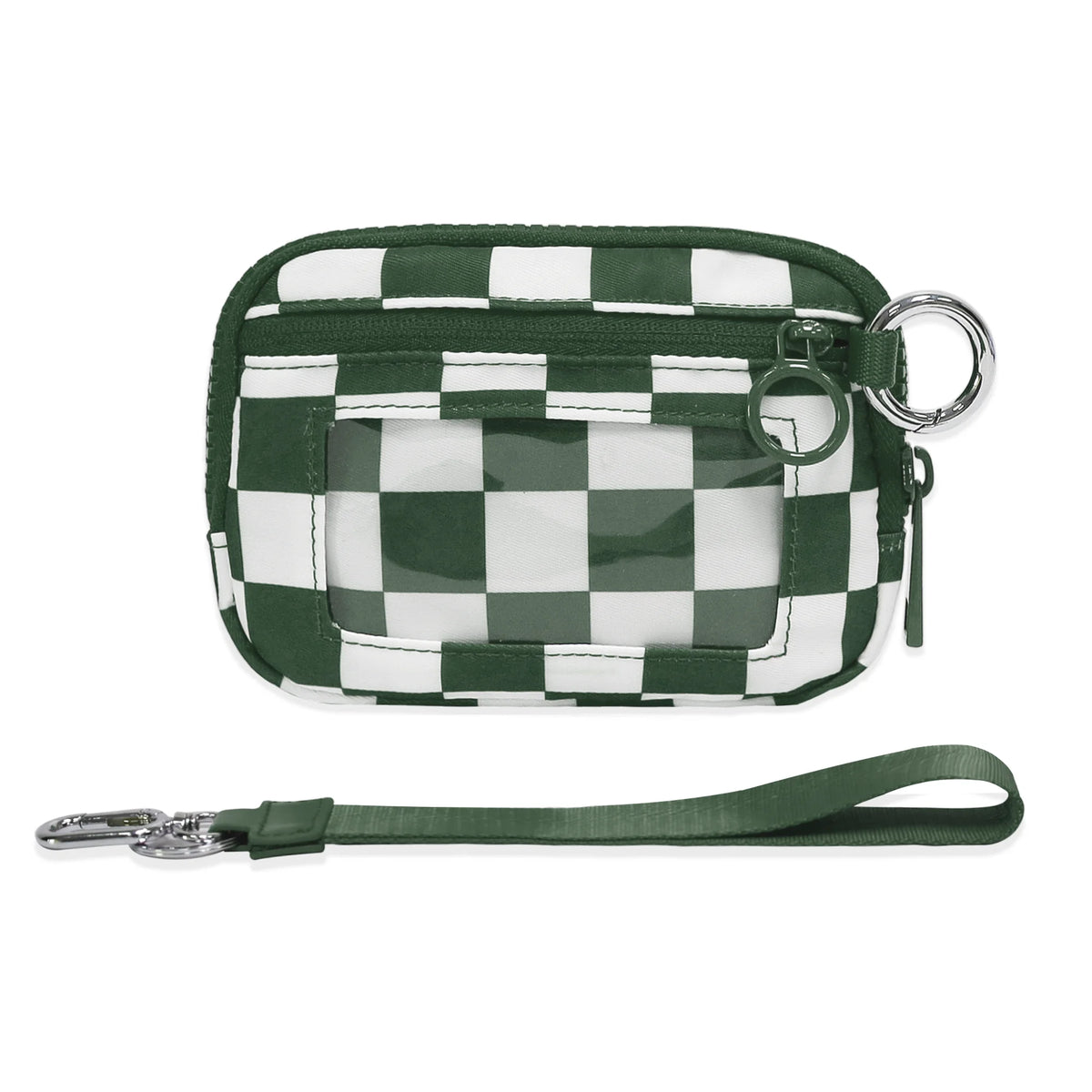 A dark green checkered wallet with a clear window and silver hardware.