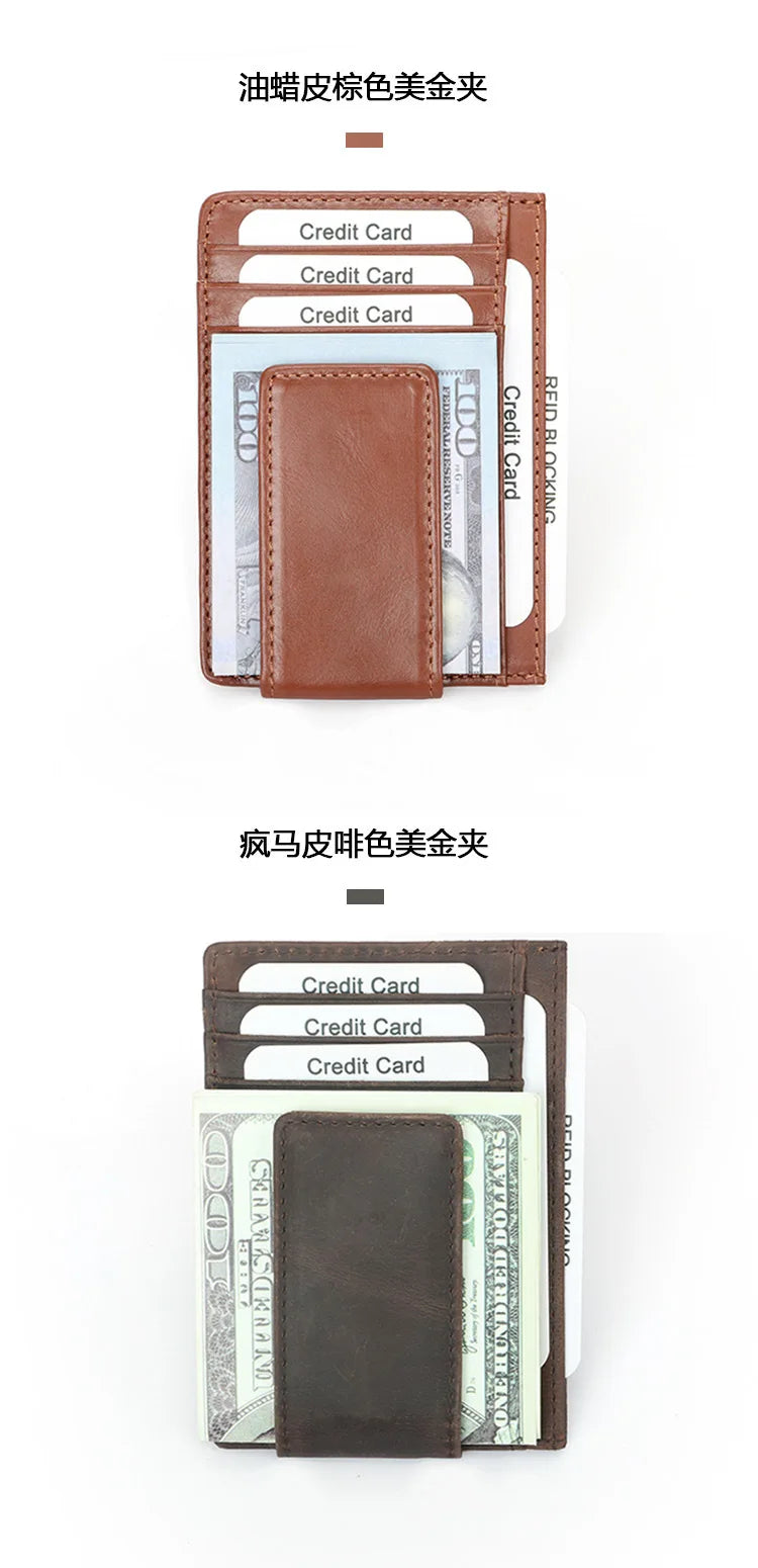 A brown leather wallet with multiple credit cards and an RFID blocking feature.