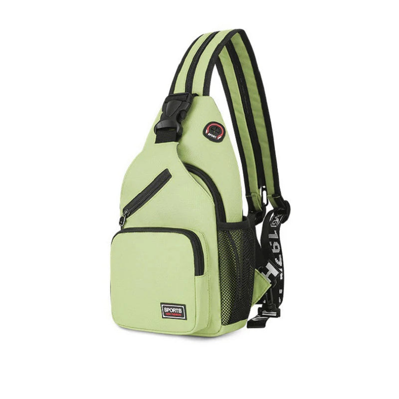 A lime green multi-use adjustable chest and shoulder bag with black straps and mesh pockets.