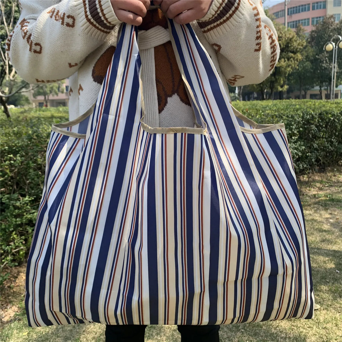 A person holds a striped grocery tote bag with blue, white, and brown vertical stripes outdoors.