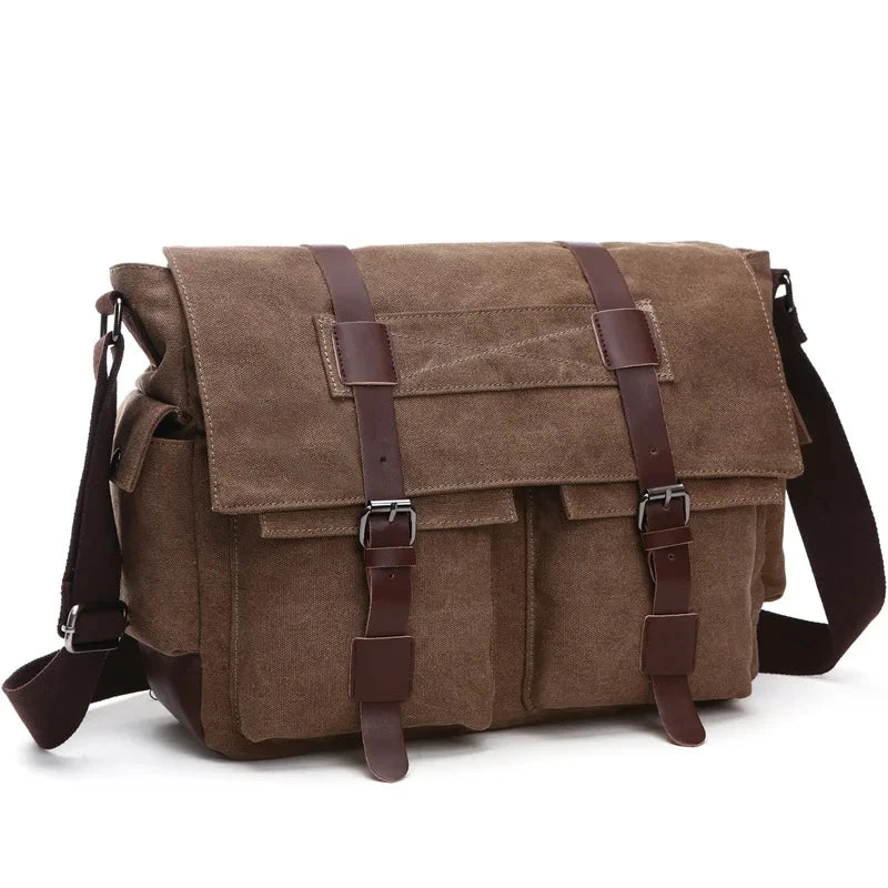 A brown canvas messenger bag for men with dark brown leather straps and buckles.