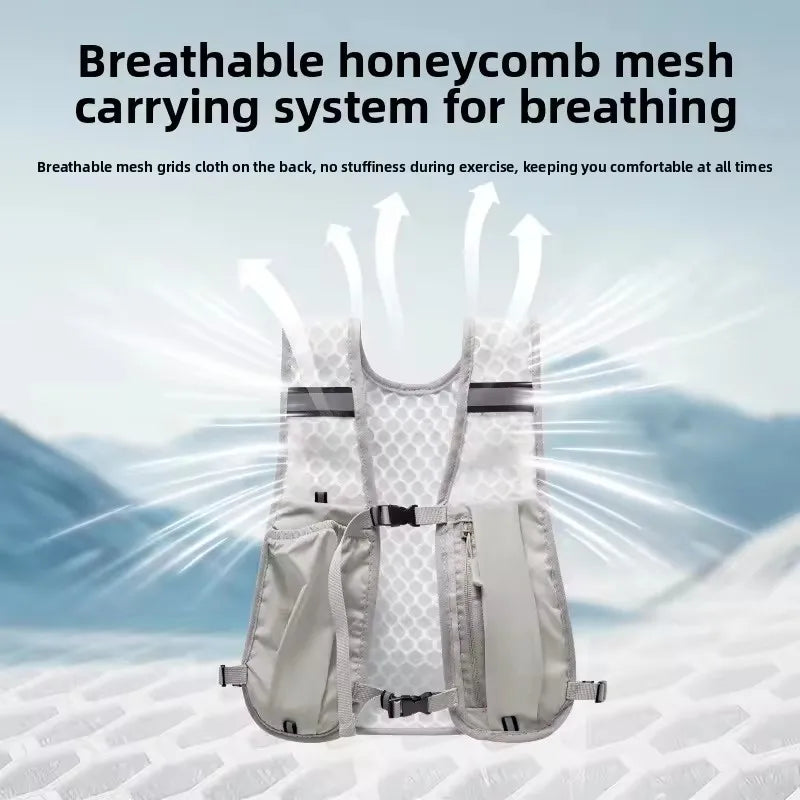 A breathable honeycomb mesh carrying system vest for breathing shown on a person.