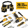 A yellow and black adjustable utility tool belt bag with 26 tool pockets and various tools shown.