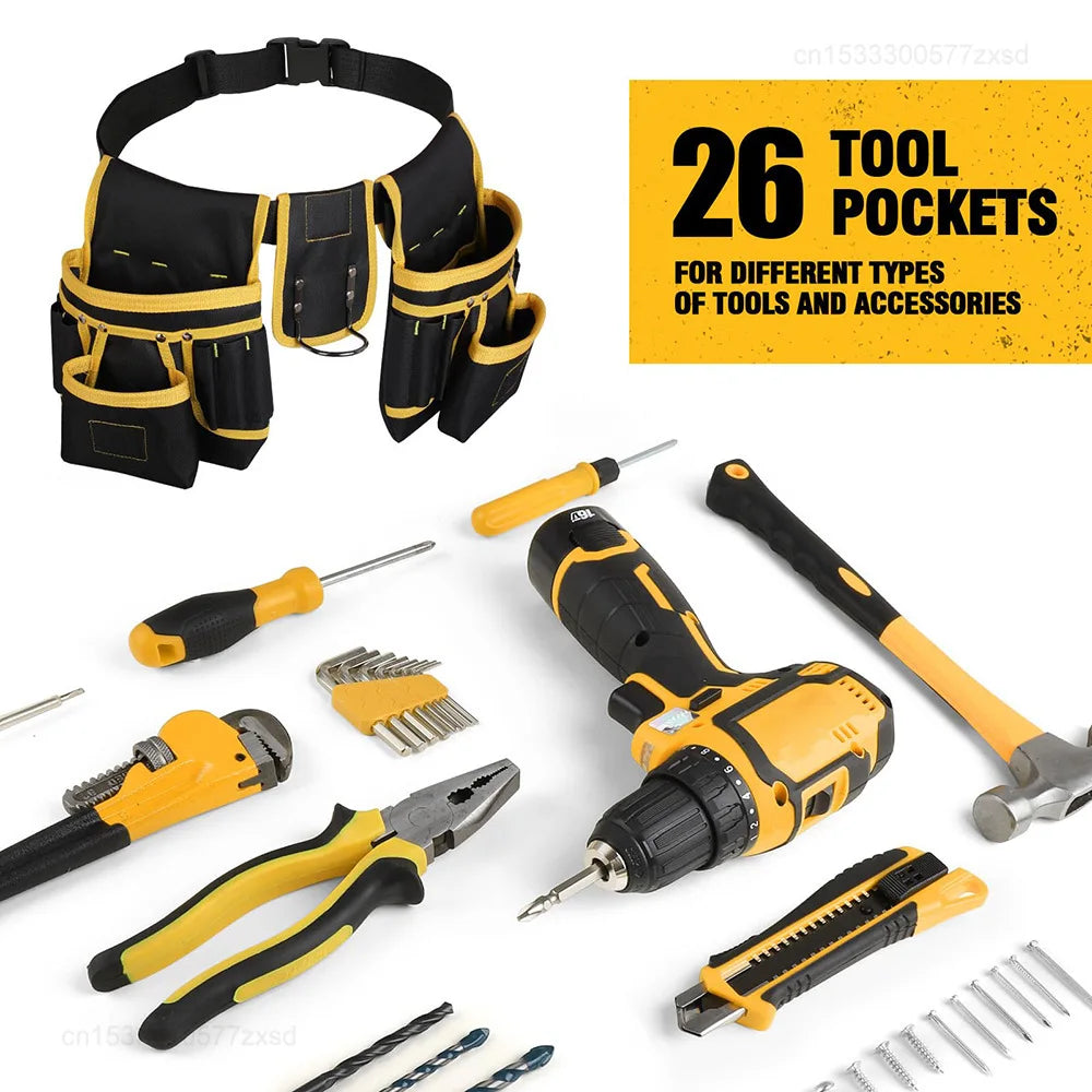 A yellow and black adjustable utility tool belt bag with 26 tool pockets and various tools shown.