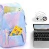A light blue and pink jacquard laptop backpack with a yellow tag and a silver laptop displayed next to a wireless controller.