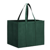 A dark green reusable foldable grocery tote bag with black handles.