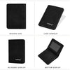 A black leather bifold wallet shown from the reverse side, look down at, 45 degree display, and bottom display angles.